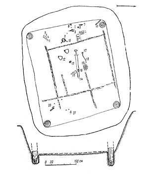 Погребальная камера из кургана Дн-4
 в могильнике Гнёздово с остатками кафтана (по Д.А.Авдусину и Т.А.Пушкиной, 1989).