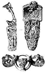 Деталь узды в виде дракончика (М 1:1)
 и псалий, украшенный зооморфным орнаментом в стиле Борре